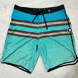 Hurley Men's Teal and Gray Striped Board Shorts